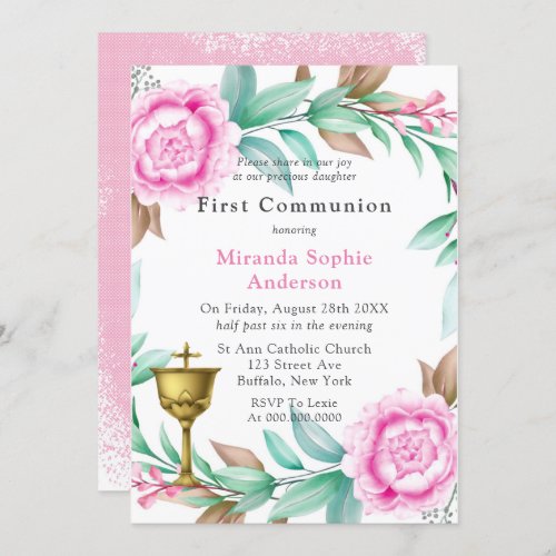 Pink Peonies Gold Chalice First Communion  Invitation