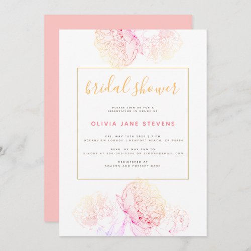 Pink Peonies Gold Elegant Modern Bridal Shower Invitation