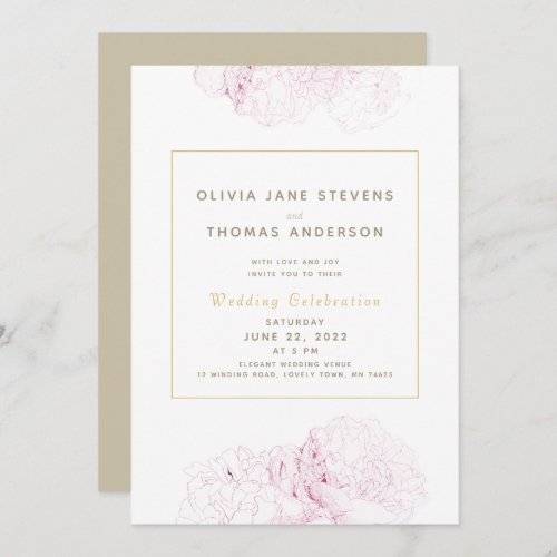 Pink Peonies Gold Elegant Modern Classic Wedding  Invitation