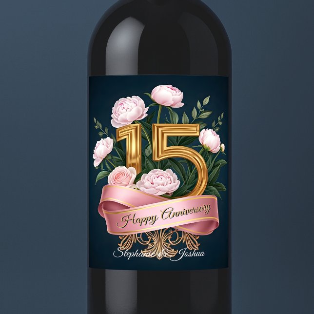 Pink Peonies Gold Number 15th Wedding Anniversary Wine Label (Creator Uploaded)