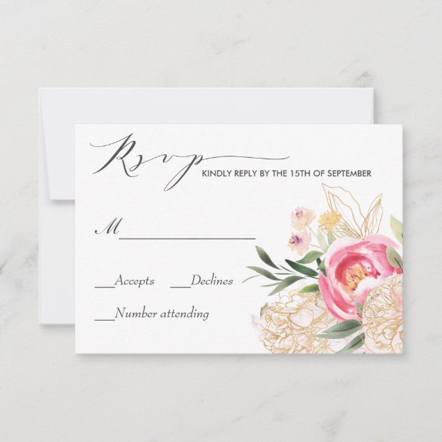 Pink Peonies Gold Watercolor wedding Rsvp (Front)