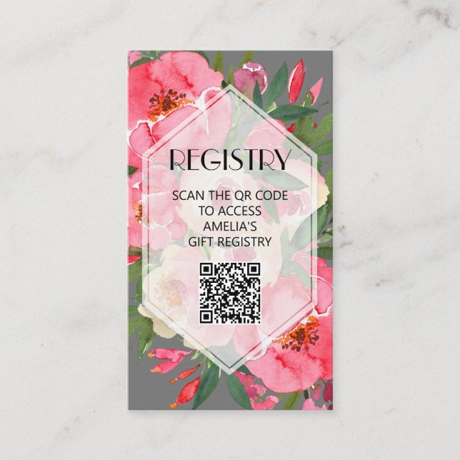 Pink Peonies Gray Bridal Shower Registry QR Code Enclosure Card (Front)