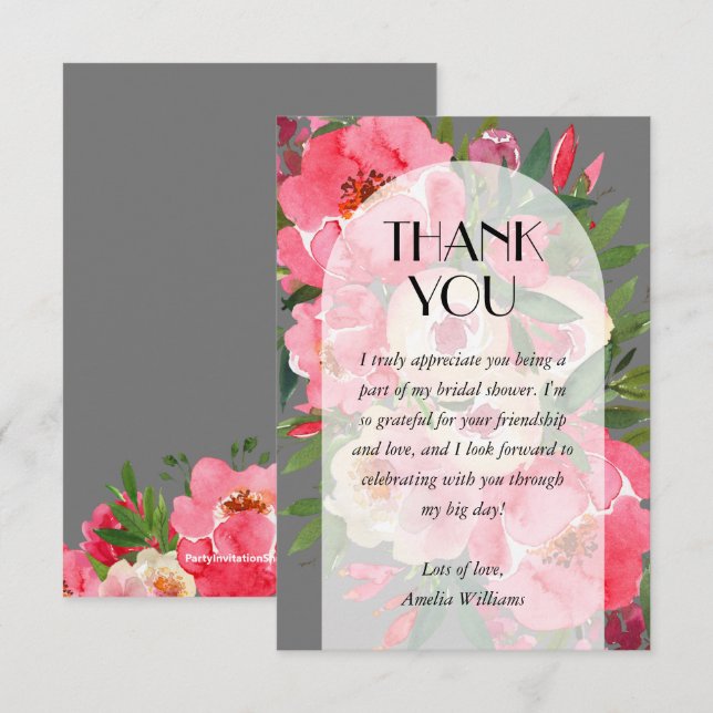 Pink Peonies Gray Bridal Shower  Thank You Card (Front/Back)