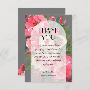 Pink Peonies Gray Bridal Shower Thank You Card