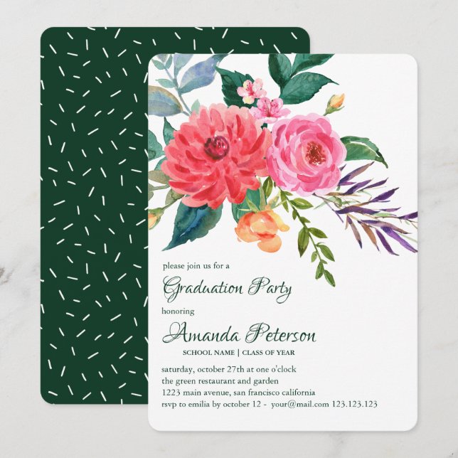 Pink Peonies Greenery Flower Graduation Invitation (Front/Back)