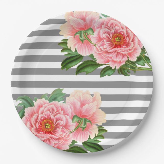 Pink peonies grey lines paper plates (Front)