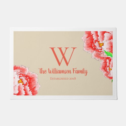 Pink Peonies Illustration  Family Name Doormat