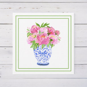 Pink Peonies in Chinoiserie Vase Green Border Note Card