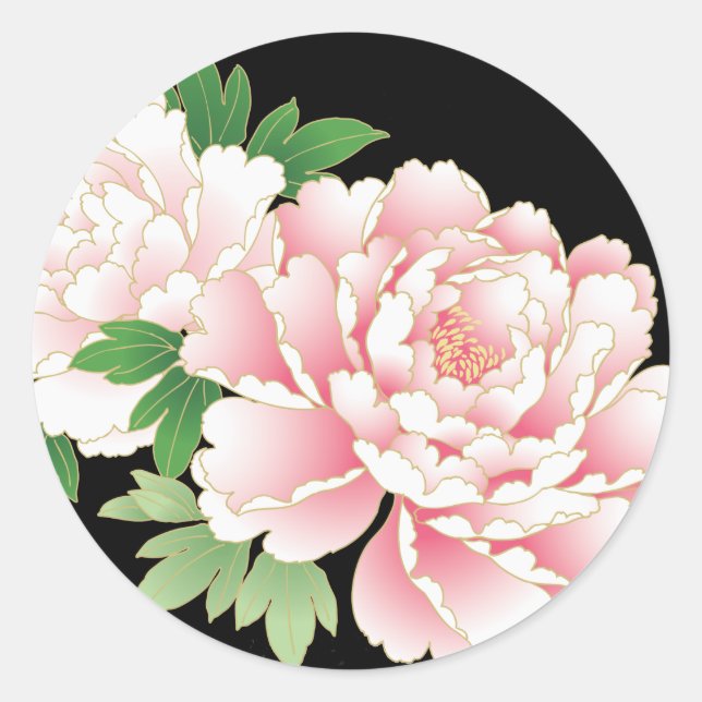 Pink Peonies Japanese Floral Kimono Classic Round Sticker (Front)
