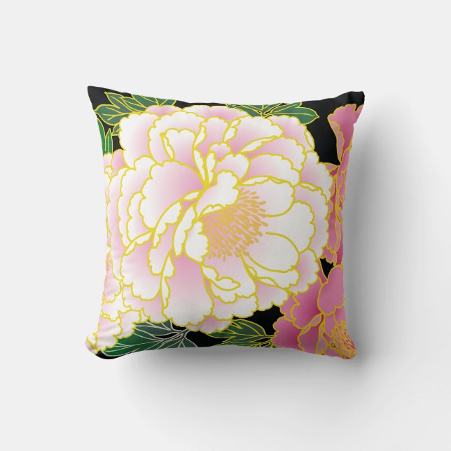 Pink Peonies Japanese Floral Kimono Throw Pillow (Front)