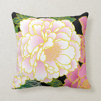 Pink Peonies Japanese Floral Kimono Throw Pillow