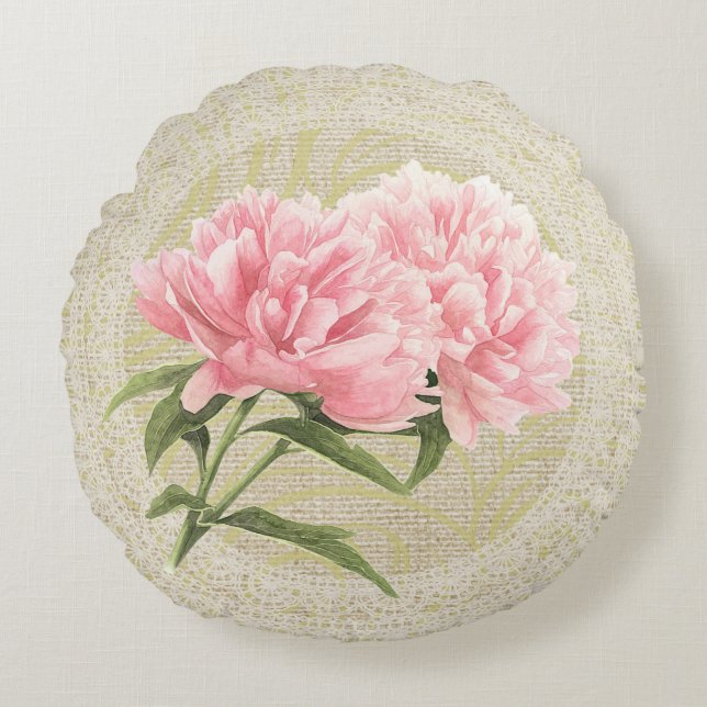Pink peonies & lace floral vintage pillow (Front)