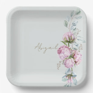 Pink Peonies Light Sage Bridal Shower  Paper Plates