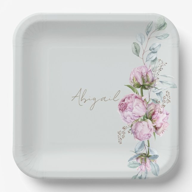 Pink Peonies Light Sage Bridal Shower  Paper Plates (Front)