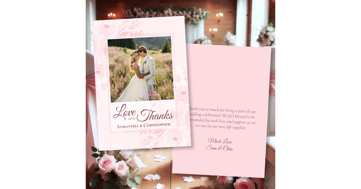 Pink Peonies Love & Thanks Photo & Note Wedding Thank You Card | Zazzle