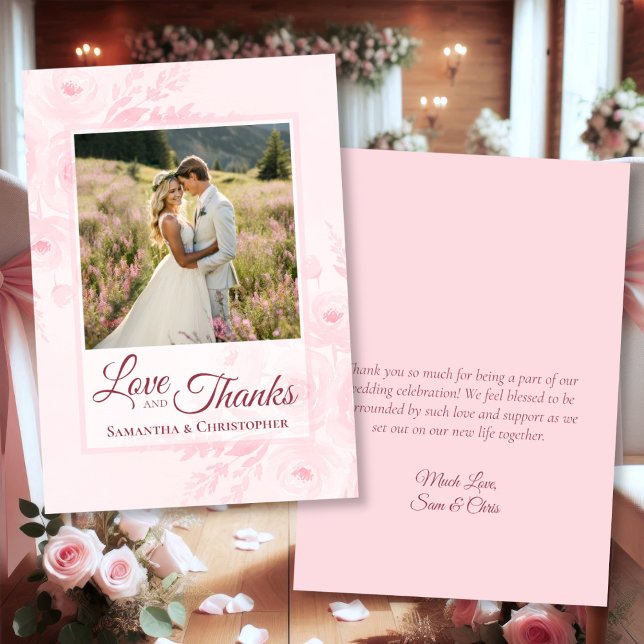 Pink Peonies Love & Thanks Photo & Note Wedding Thank You Card (Front/Back)