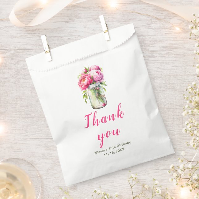 Pink Peonies Mason Jar Birthday Favor Bag (Clipped)