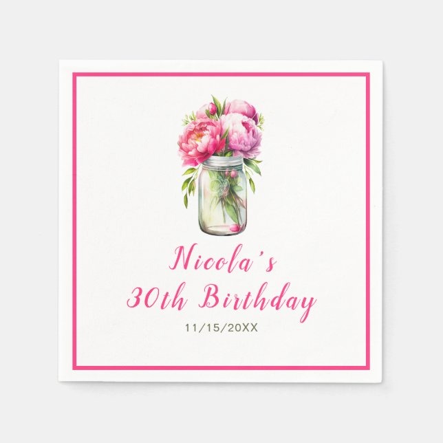 Pink Peonies Mason Jar Birthday Napkins (Front)