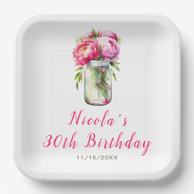 Pink Peonies Mason Jar Birthday Paper Plates (Front)
