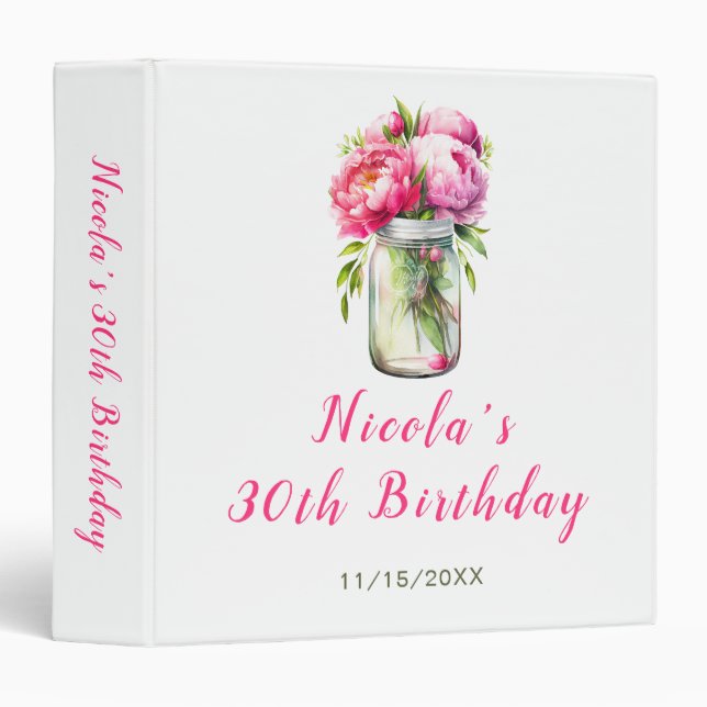 Pink Peonies Mason Jar Birthday Party Photo Album 3 Ring Binder (Front/Spine)