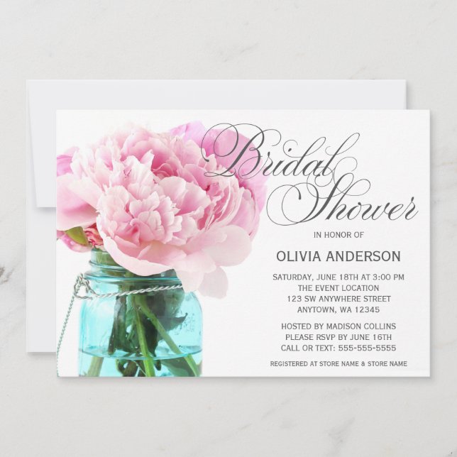 Pink Peonies Mason Jar Bridal Shower Invitation (Front)