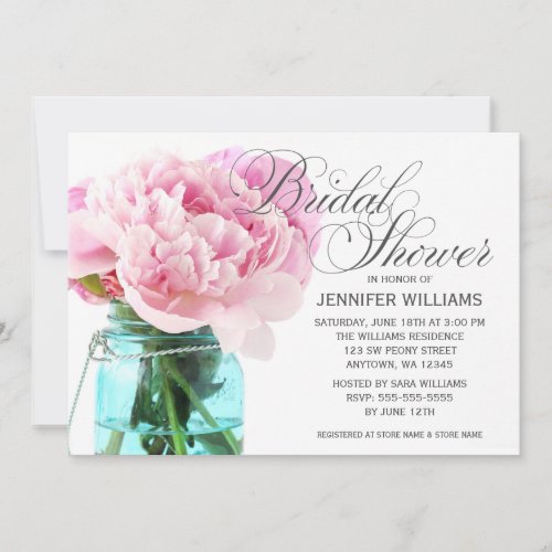 Pink Peonies Mason Jar Bridal Shower Invitation