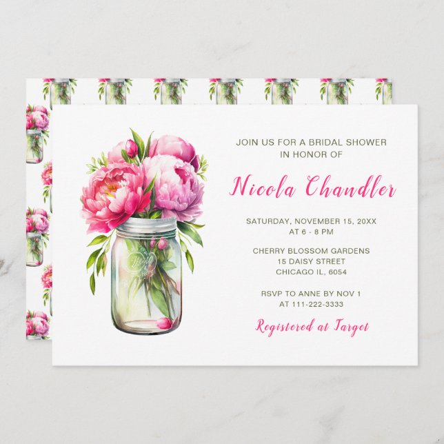 Pink Peonies Mason Jar Bridal Shower Invitation (Front/Back)