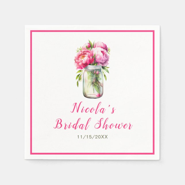 Pink Peonies Mason Jar Bridal Shower Napkins (Front)