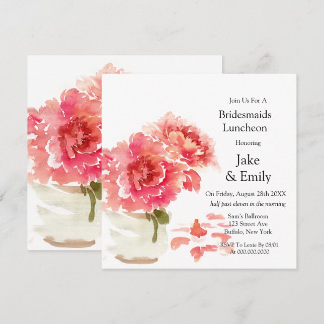 Pink Peonies Mason Jar Bridesmaids Luncheon Invitation (Front/Back)