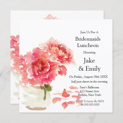 Pink Peonies Mason Jar Bridesmaids Luncheon Invitation