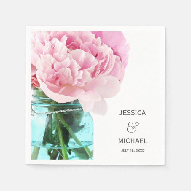 Pink Peonies Mason Jar Personalized Wedding Napkins (Front)
