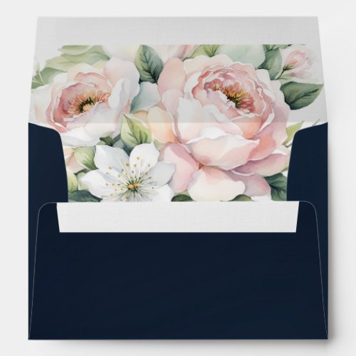 Pink Peonies Navy Background Wedding Envelope