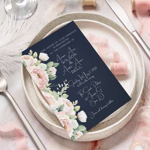 Pink Peonies Navy Background Wedding Invitation