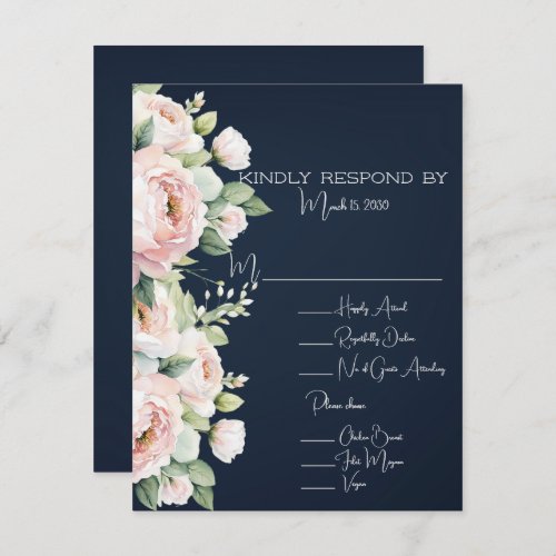 Pink Peonies Navy Background Wedding  RSVP Card