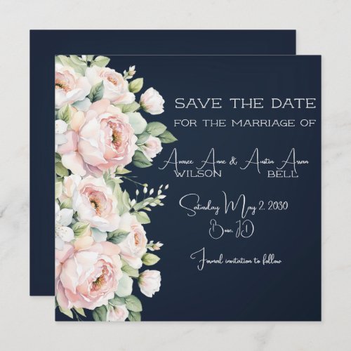Pink Peonies Navy Background Wedding Save The Date