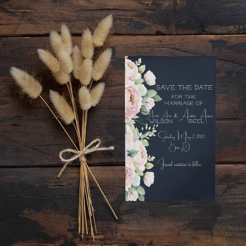 Pink Peonies Navy Background Wedding Save the Date Enclosure Card