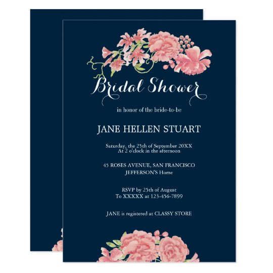 Pink peonies navy blue floral bridal shower invitation | Zazzle.com