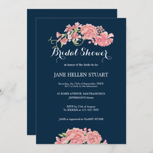 Pink peonies navy blue floral bridal shower invitation