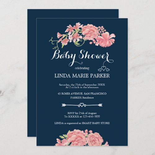 Pink peonies navy blue floral elegant baby shower invitation