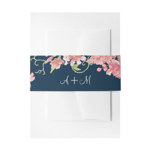 Pink peonies navy blue floral monogrammed wedding invitation belly band