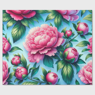 Pink Peonies on a Blue Background Wrapping Paper