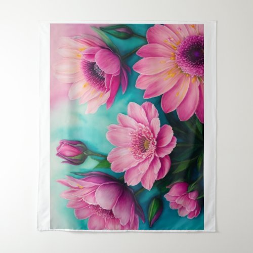 Pink Peonies on a Sky Blue Background Tapestry