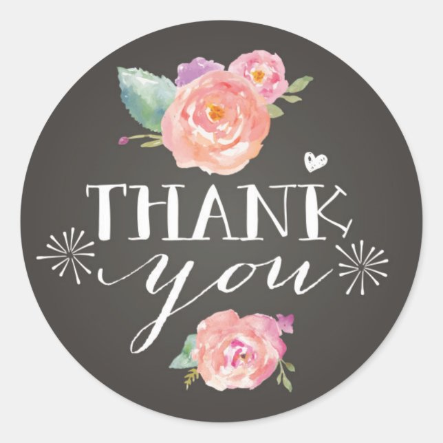Pink Peonies on Chalkboard Thank You Stickers (Front)