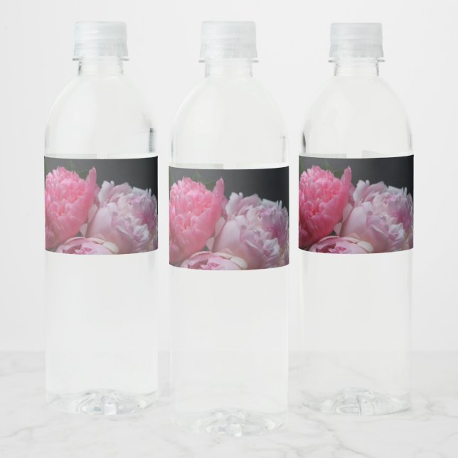 Pink peonies on dark background water bottle label (Bottles)