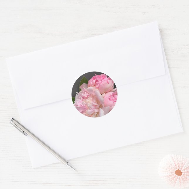 Pink peonies on dark gray classic round sticker (Envelope)