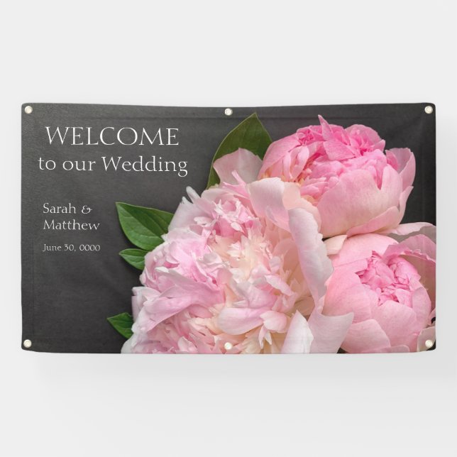 Pink peonies on dark gray wedding banner (Horizontal)