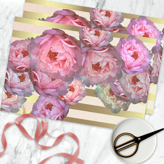 Pink Peonies On Gold Horizontal Stripes Decoupage Tissue Paper (Creator Uploaded)