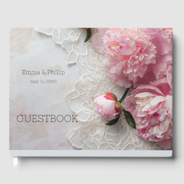 Pink peonies on lace guest book (Front)