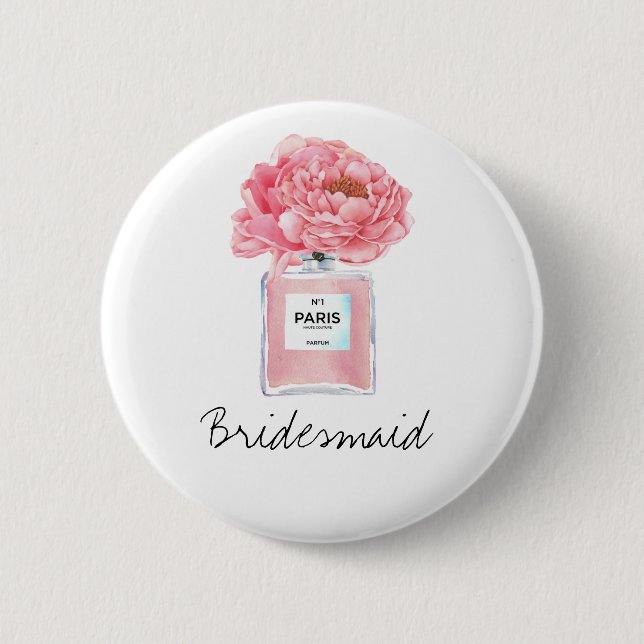 Pink Peonies & Perfume Bridesmaid Button (Front)