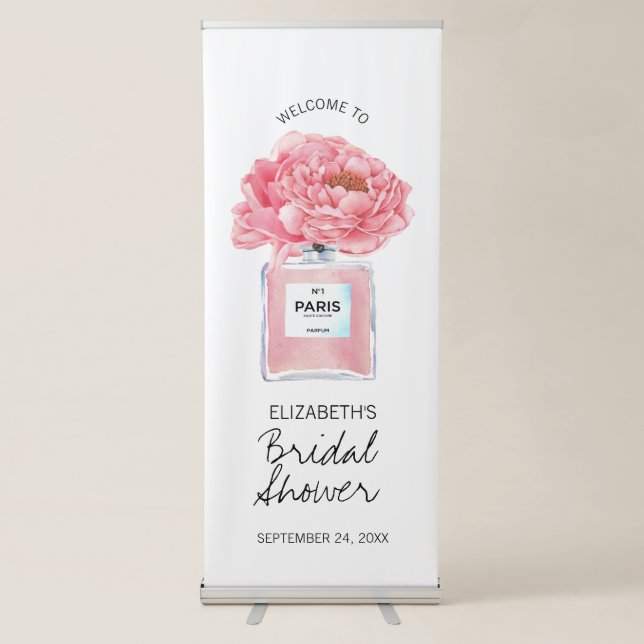Pink Peonies Perfume Floral Bridal Shower Welcome Retractable Banner (Front)